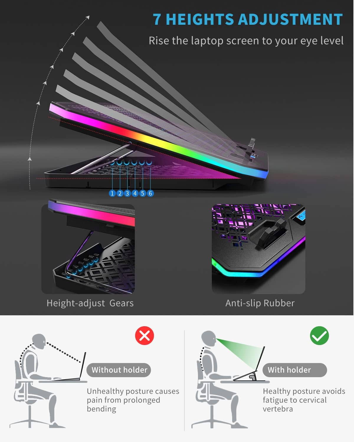 Laptop Cooling Pad, KeiBn RGB Laptop Cooler for 15.6-17.3 Inch Laptops, with 10 Modes Lights | 6 Fans | 7 Height Stands | 2 USB Ports | Desk or Lap Use (A8/Purple)