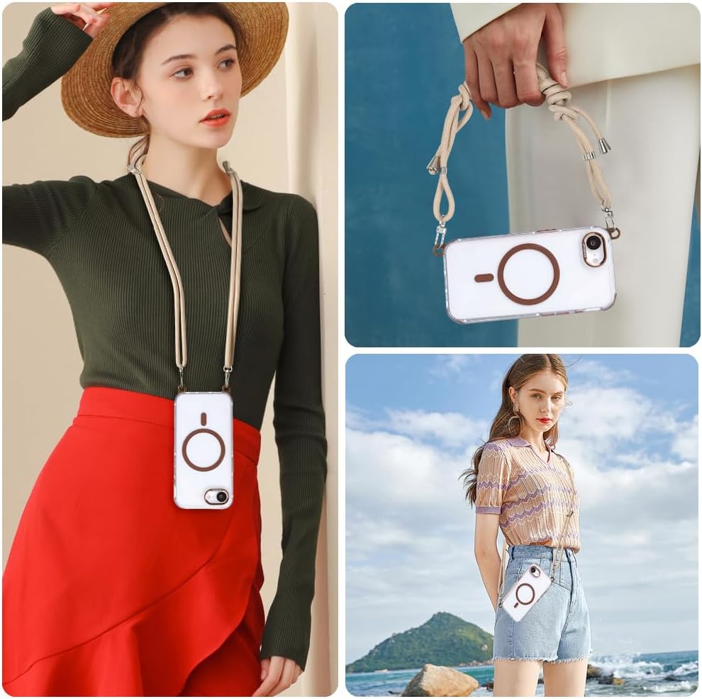 for iPhone 16e Case with Adjustable Phone Lanyard Strap, Compatible with MagSafe, Shockproof Military-Grade Protection, Magnetic Phone Case, Classic Clear Brown Hybrid Case, Yellowing Resistant