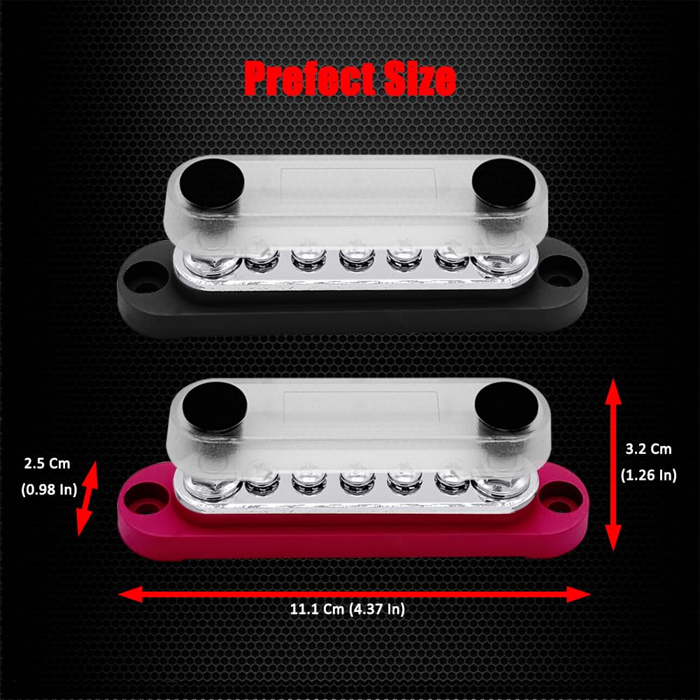 2 x M6 (1/4") Power Distribution Block Bus Bar 12V with 5 x M4 (#8) Screws, Ampper 4.3" 150A Marine BusBar Battery Distribution Block W/Cover for Car Boat Solar (Red & Black)