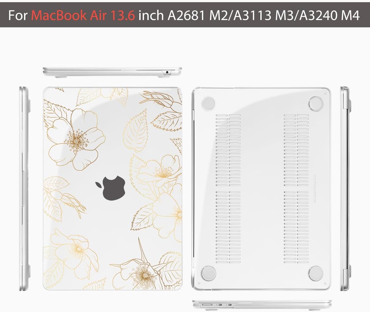 Teryeefi for MacBook Air 13.6 inch Case M4 M3 M2 2022 2023 2024 2025 Model A2681 A3113 A3240 Plastic Hard Shell Cover with Screen Protector & Keyboard Cover & USB 3.0 Adapter, Gold Flower Leaf