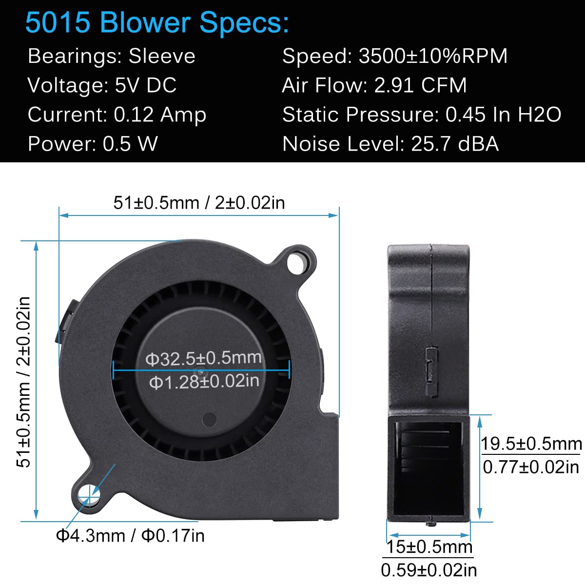 GDSTIME 50mm USB Fan, 50mm x 15mm Blower 5V DC Brushless Cooling Fan