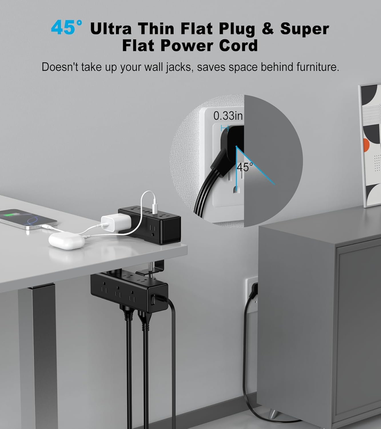 Dual Layer Desk Clamp Power Strip, 19 in 1 Desktop Edge Mount Surge Protector with 4 USB Ports(2 USB-C) & 15 AC Outlets, Ultra Thin Flat Plug & 15FT Power Cord for Office Home(ETL Listed)