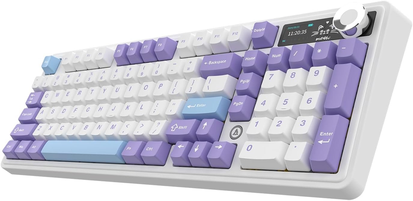 AK980 97Keys Tri-Mode Full Mechanical Keyboard, Gasket-Mounted, Hot-Swappable, 1.14” TFT Smart Display, Bluetooth 5.1/2.4G Wireless/Wired, PBT Keycaps RGB Backlit (Purple, Qingyun Tactile Switch)