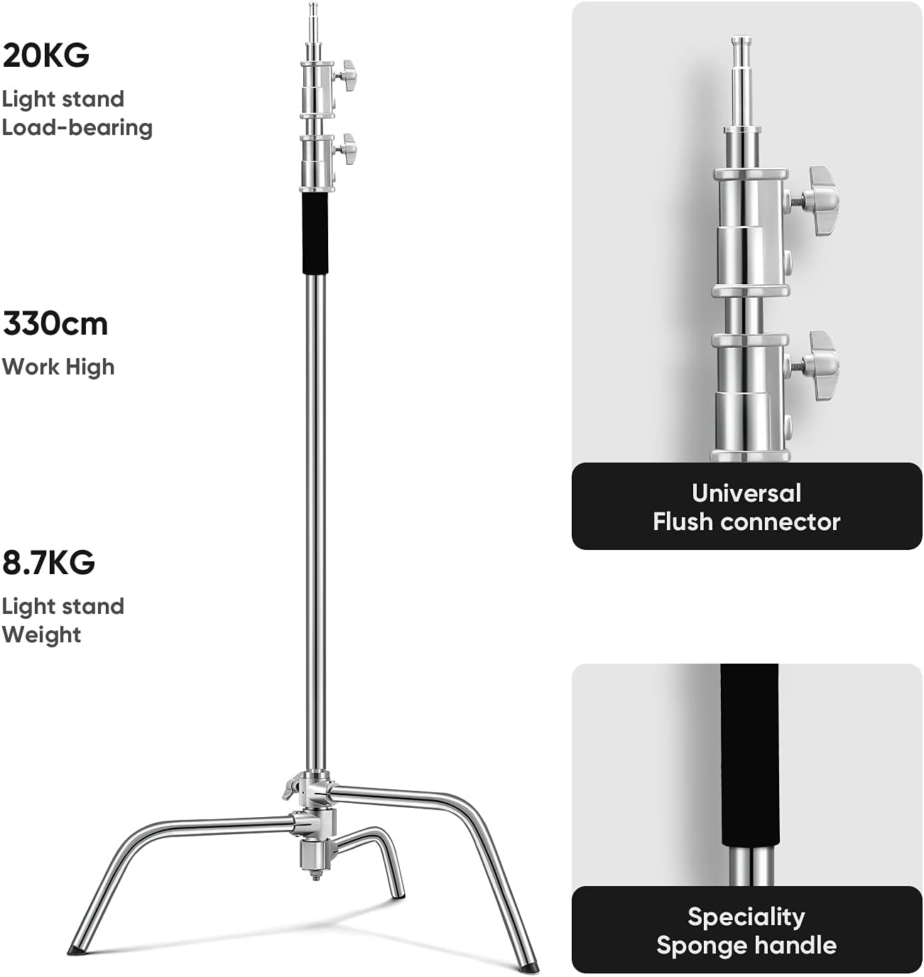Heavy Duty C Stand 10.8ft/330cm with Holding Arm Carry Bag Sandbag 3*Clip 2*Grip Head Stainless Steel Photography Light Stand C-Stand Sturdy for Photography Studio Video Monolight Softbox Shooting