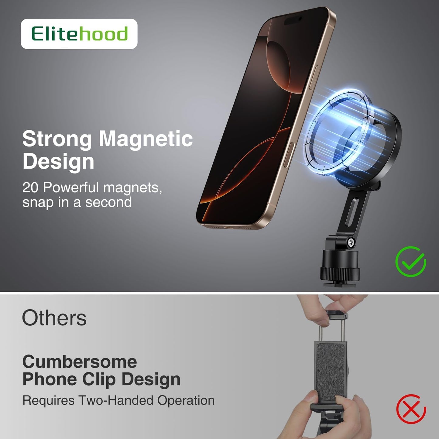 elitehood Magsafe Phone Tripod Mount Adapter with 360° Rotatable Cold Shoe & 1/4” Screw, Magnetic Camera Phone Mount, Aluminum iPhone Holder for Tripod Camera Video Recording Live Streaming Vlogging