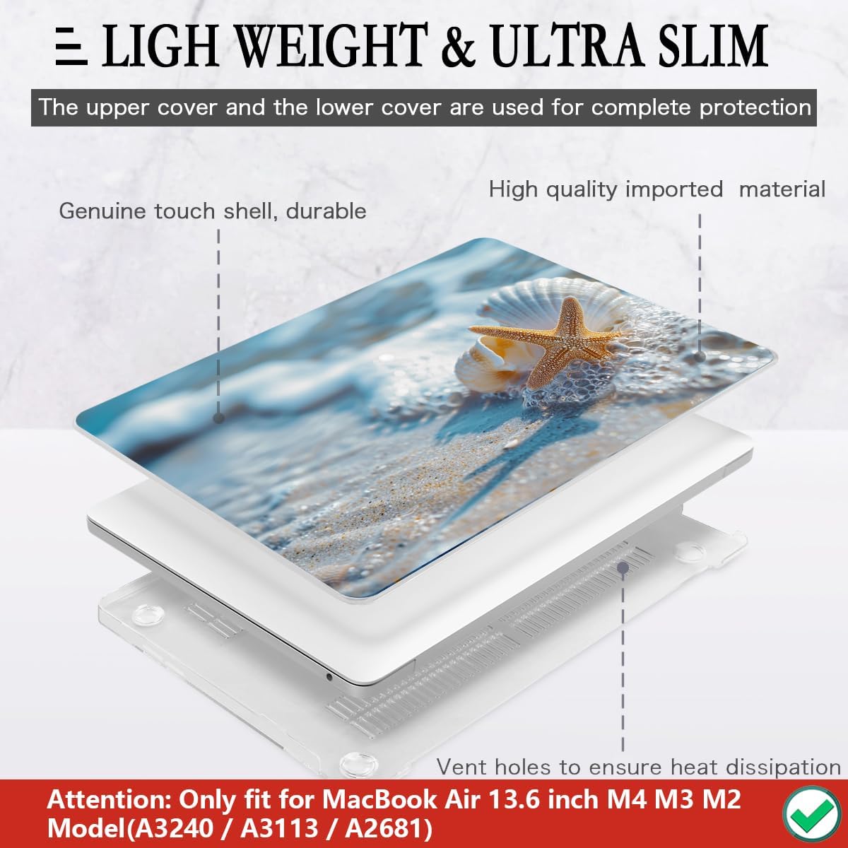 CISSOOK Compatible with MacBook Air 13.6 inch Case 2025 2024 2022 Release M4 A3240 M3 A3113 M2 A2681, Plastic Hard Shell Protective Case with Keyboard Cover Screen Protector, Beach&Shell