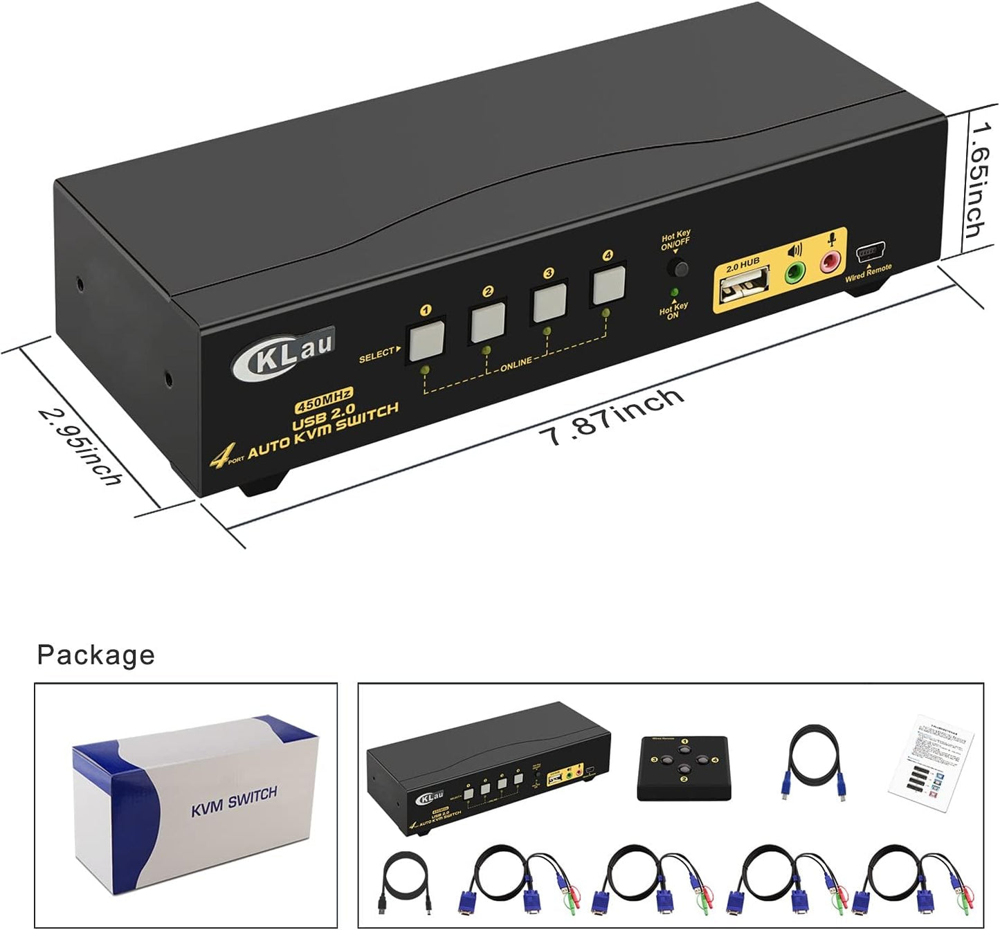 CKLau 4 Port 450MHz USB Auto VGA KVM Switch with Audio and Cables, Monitor Switch for Multiple Computers Support Windows, Linux, Mac, Debian, Ubuntu, Fedora, Raspbian, Ubuntu
