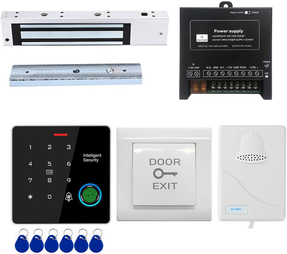 Door Access Control System IP67 Waterproof RFID Fingerprint Keypad Exit Button Doorbell Buzzer 600lb Magnetic Lock Kit