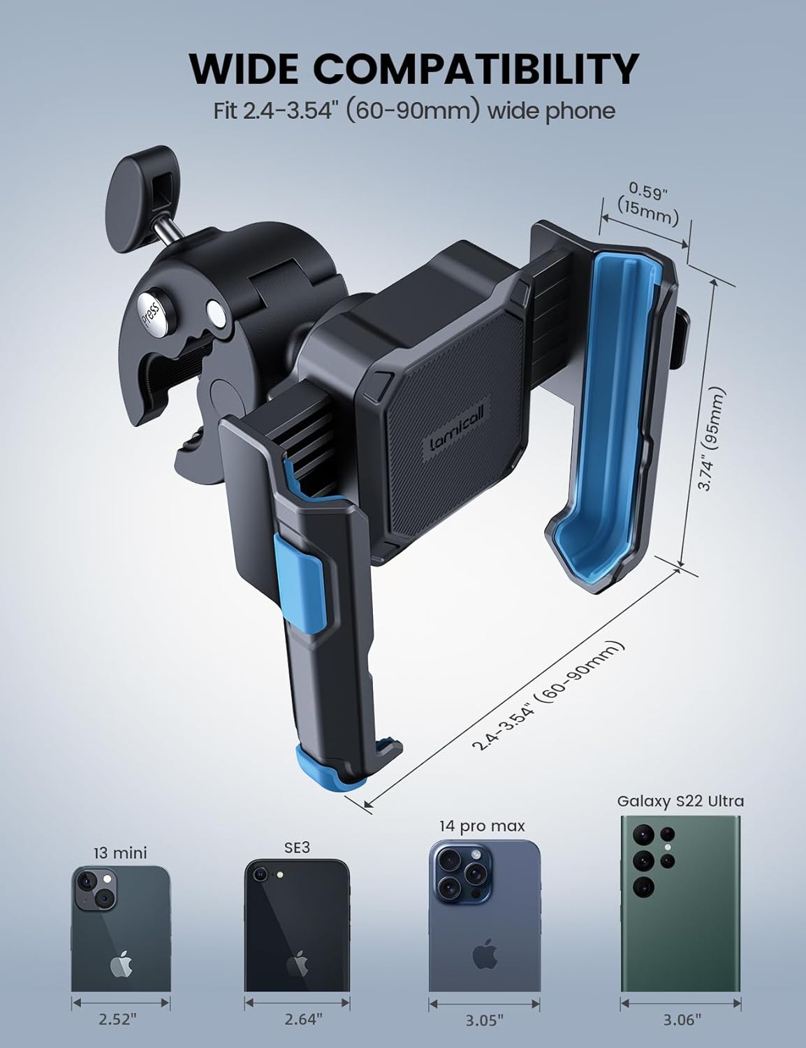 Lamicall Motorcycle Phone Mount Holder - [Camera Friendly] [1s Lock] Bike Phone Holder Handlebar Clamp, Bicycle Scooter Phone Clip, for iPhone 16 Pro Max, 15 14 13, Galaxy S25, 4.7-7" Phones, Blue