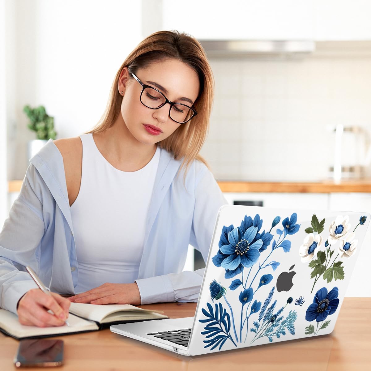 Teryeefi for MacBook Air M4 M3 M2 13.6 inch Case 2025 2024-2022,Fit Model A3240 A3113 A2681, Laptop Hard Shell Cases with Keyboard Cover & Screen Protector for MacBook Air 13.6", Blue Plant Flower