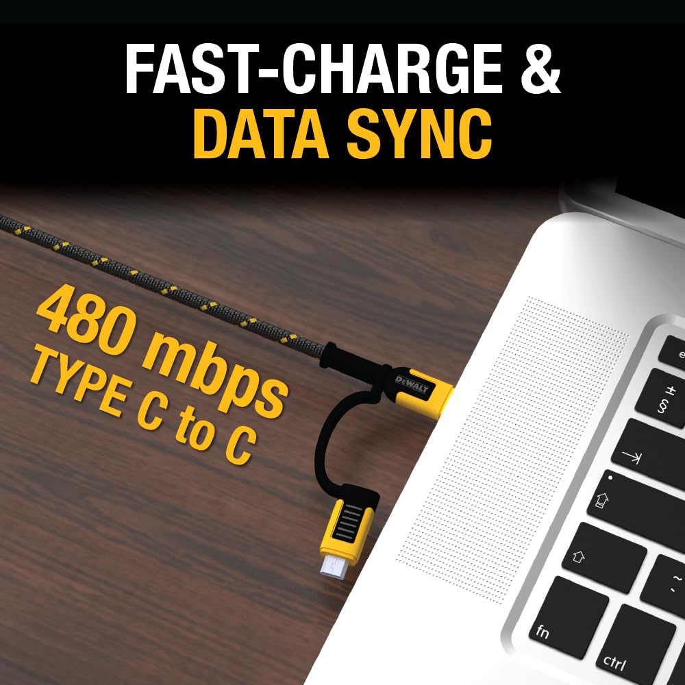 DEWALT Heavy Duty 4-in-1 Cable, Type C/Micro USB/USB Cable for iPhone 16, iPhone 15, iPad Charger USB C, Huawei, HTC, LG, Samsung Galaxy, Android Smartphones, iPad Pro, Micro C Charging (6ft, Black)