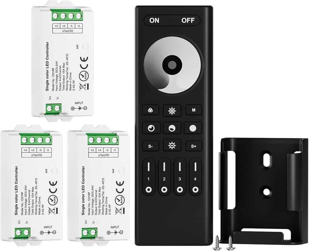 BTF-LIGHTING 5050SMD FCOB COB Dimming RF 2.4GHz Wireless Remote RC01RFB &3PCS C01RF Tuya Controller Kit 4 Zones Group Control PWM Single Color (+V -V) 2pin LED Neon Rope Light DC5V DC12V DC24V