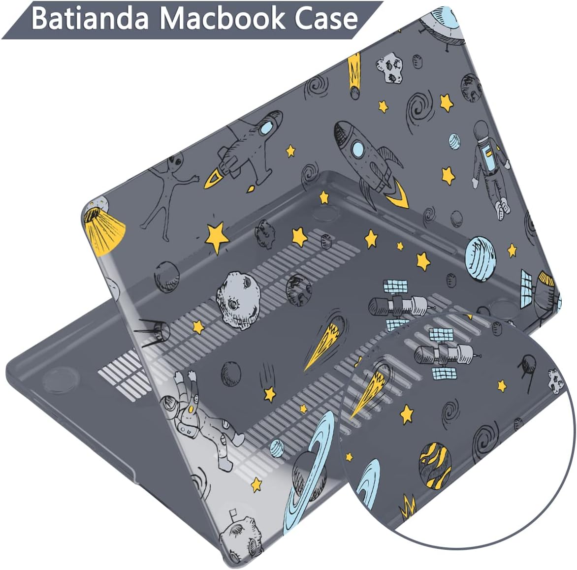 Batianda Premium Case for New MacBook Air 15 inch 2025 2024 2023 with M4 M3 M2 Chip, Designed Protective Plastic Black Hardshell & Keyboard Cover & Screen Protector, Hand Drawn Space