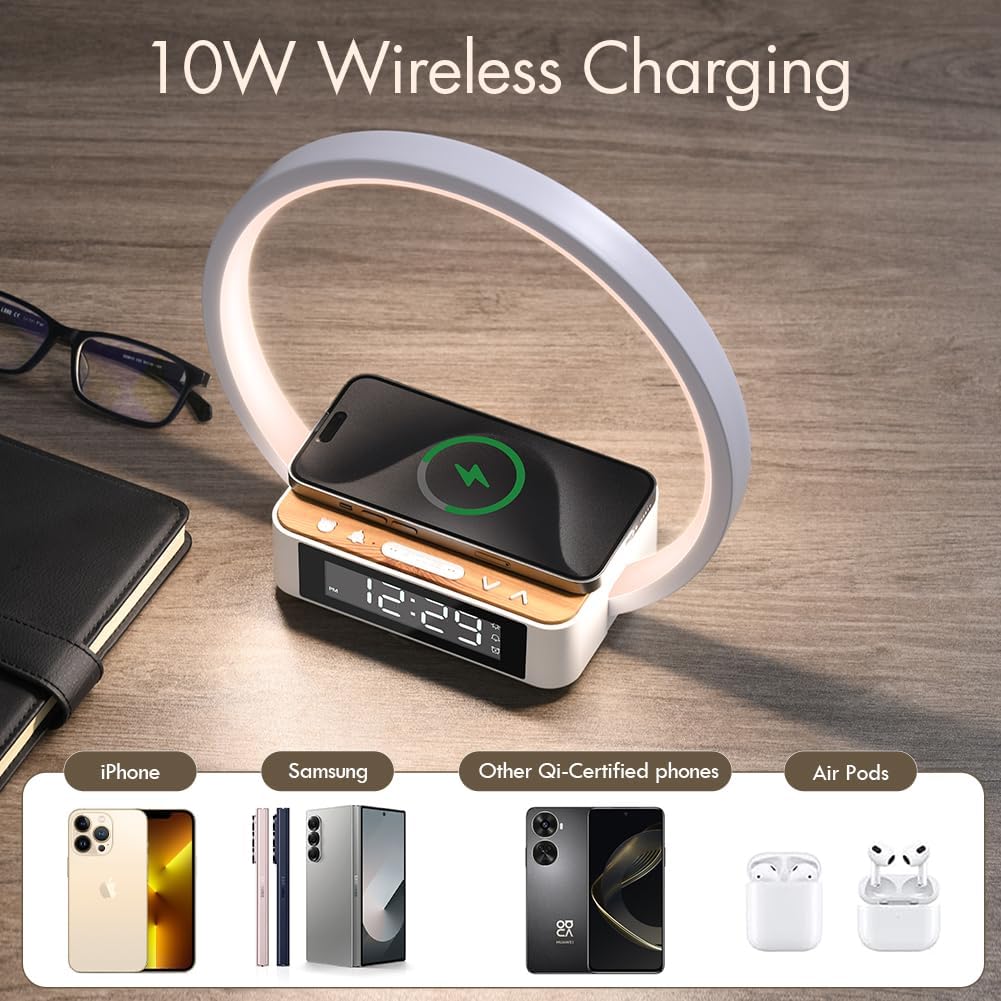 Wireless Charging Station with Alarm Clock,Bedside Lamp with Sunrise Wake-Up Light,Wireless Phone Charger,Touch Table Lamp with 3 Brightness Levels,Idea Gifts for Women,Men,Teens,Adults