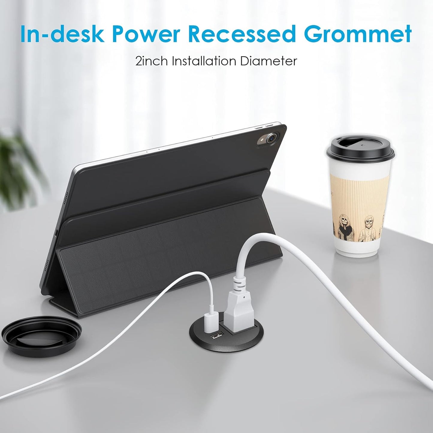 Jgstkcity Desktop Power Grommet, 2 inch, Black, 1 AC Outlet and 2 USB Ports, 6.56ft Cable, Fire Resistant Outer Shell