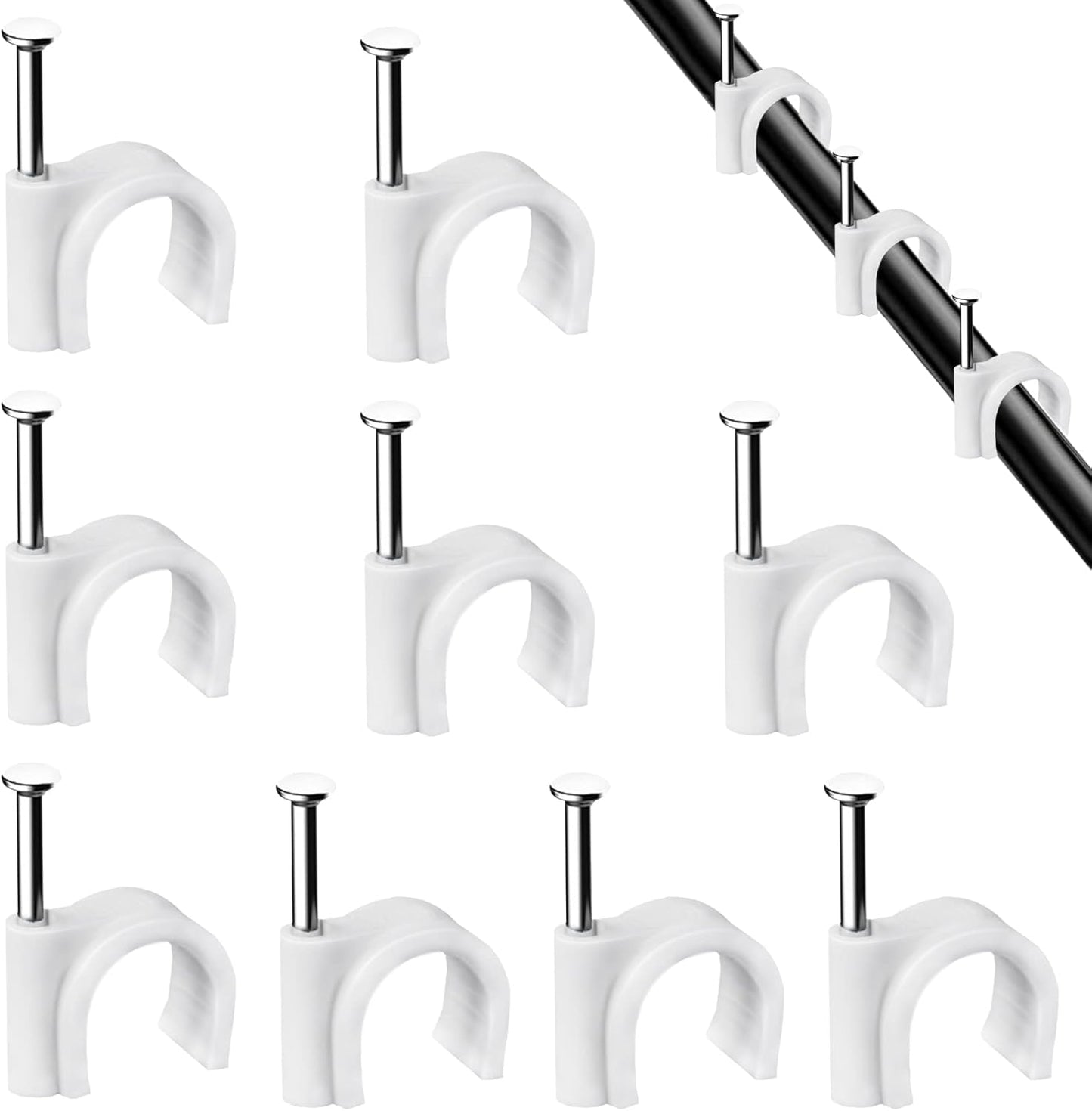 Cable Clips, 100 Pcs, 7mm, Wire Wall Clips with Steel Nails, Cable Management Organizer Clips, Cable Tacks Coax Holder Clips, RG6 RG59 CAT6 RJ45 Cable Cord Clips, White