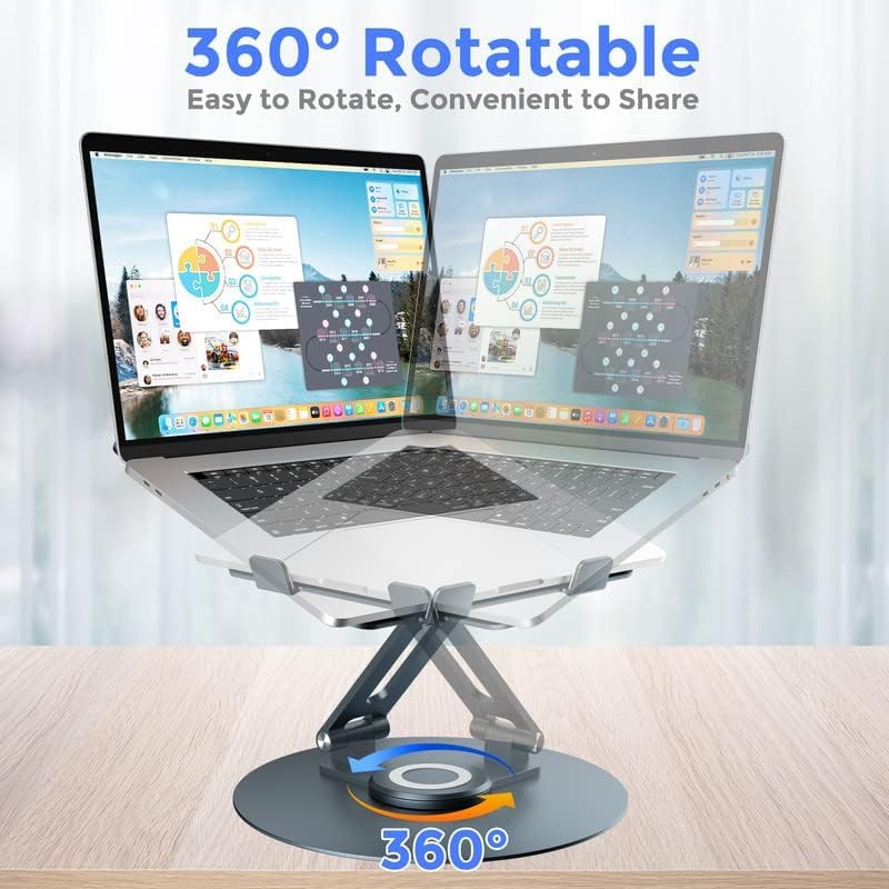 Swivel Laptop Stand for Desk, Adjustable Height Aluminum Computer Stand with 360 Rotating Base, Foldable Ergonomic Riser, Portable Laptop Holder Compatible with MacBook, All Laptops 10-17'', Grey