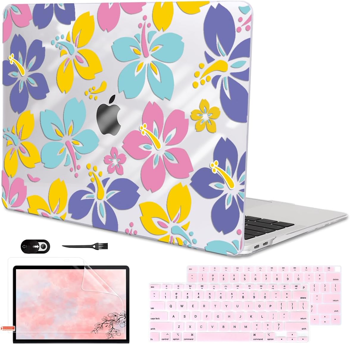 for MacBook Air 13 Inch Case 2021 2020 2019 2018, Pattern Plastic Hard Shell Case Keyboard Cover for Mac Air 13 A2337 M1 A2179 A1932 with Touch ID & Retina Display, Colorful Hibiscus Flower