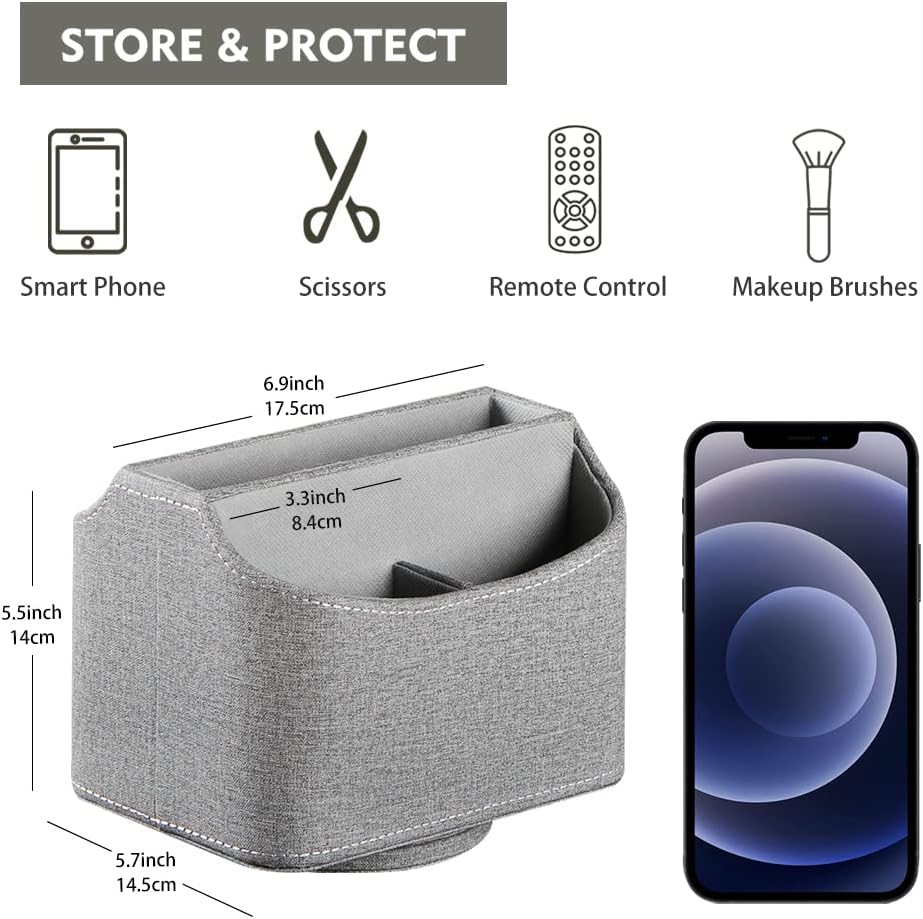 Fanousy 360° Rotating Remote Control Holder, PU Leather TV Remote Caddy Organizer Basket Storage Box with 5 Compartments for Pen, Pencil, Art Supplies, Makeup Brush, Office Desk Table Accessories