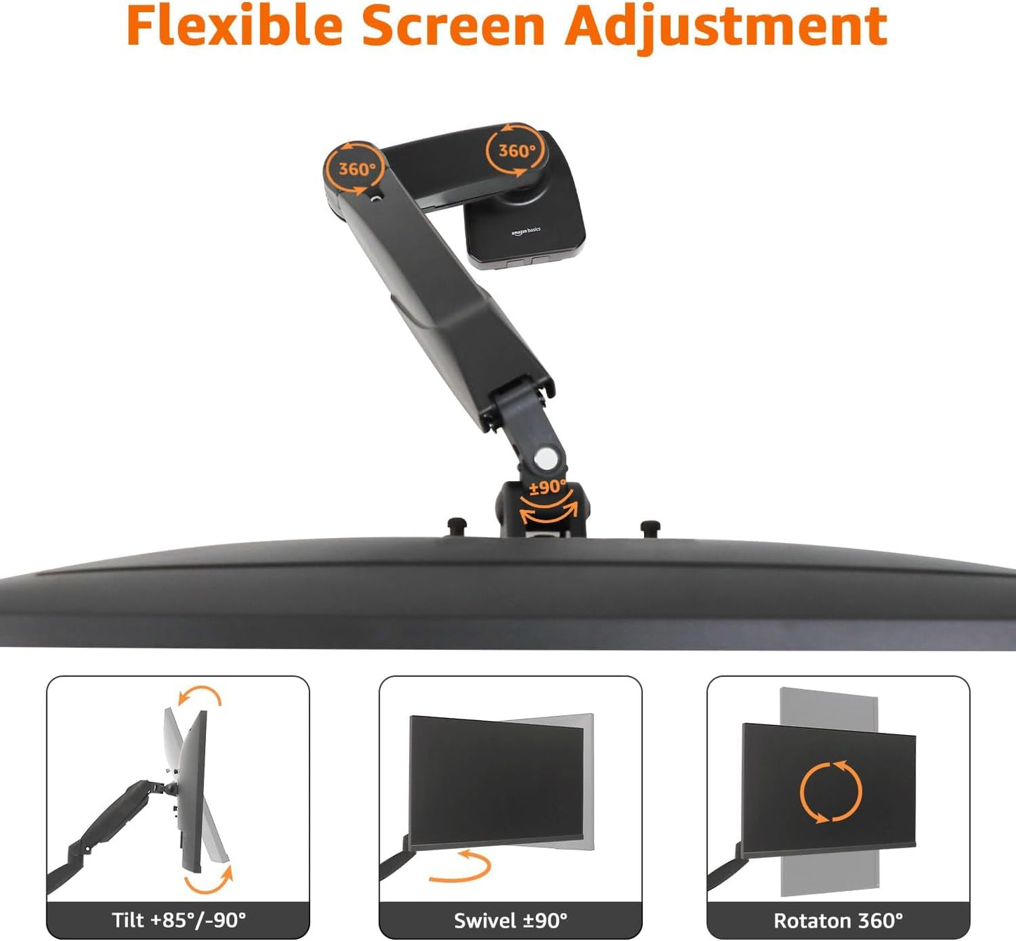 Amazon Basics Gas Spring Single Computer Monitor Arm Mount, Adjustable, Holds up to 27" Monitors, Black