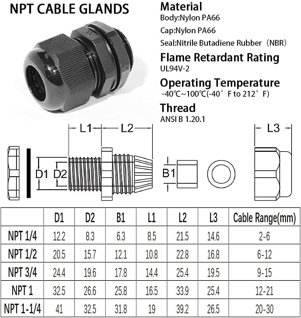 PENGLIN NPT 1/2 Nylon Cable Connector,IP68 Waterproof Strain Relief Cord Adjustable Connector With Gaskets for Electrical Box (1/2 Inch (100 PCS))