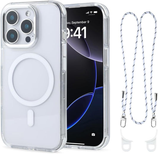for iPhone 14 Pro Max Case with 62.99 inch Lanyard, Classic Clear&White Magnetic Phone Case, Drop&Shockproof Protection Cases, Phone Holder Lanyard, Compatible with Magnet Accessory