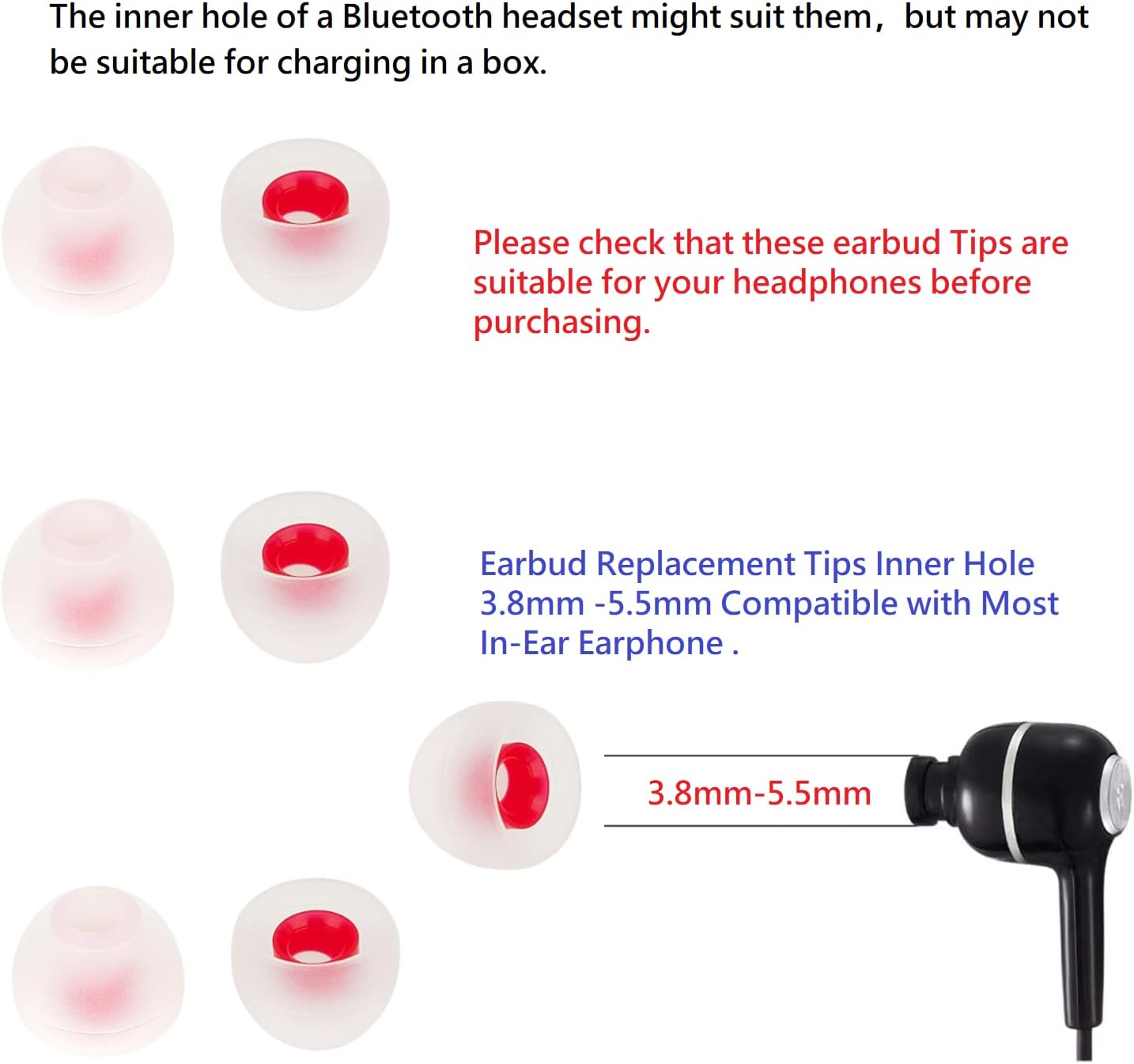 36 Pieces Medium Earbud Tips Soft and Comfortable Ear Bud Replacement Pieces Silicone Fit Most in-Ear Headphones，Inner Hole 3.8mm -5.5mm，Medium White and Red Replacement Eartips