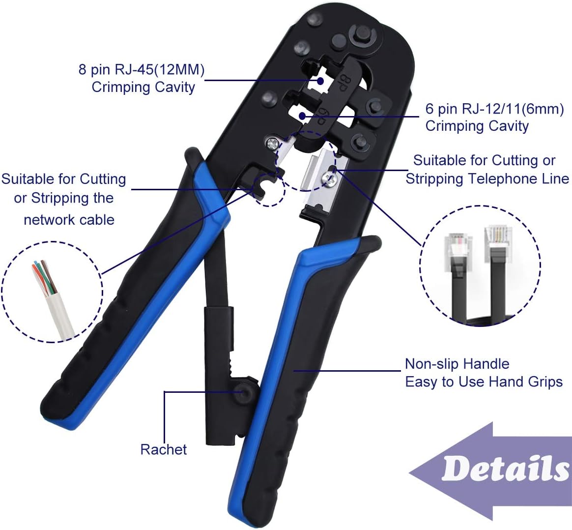 Delgada RJ45 Ethernet Network Crimping Tool Kit for Cat6 Cat5e Cat5 Crimp Tool, with 10pcs Cat5 Cat5e Connectors, 10pcs Covers, Network Cable Tester, Cutter and Stripper