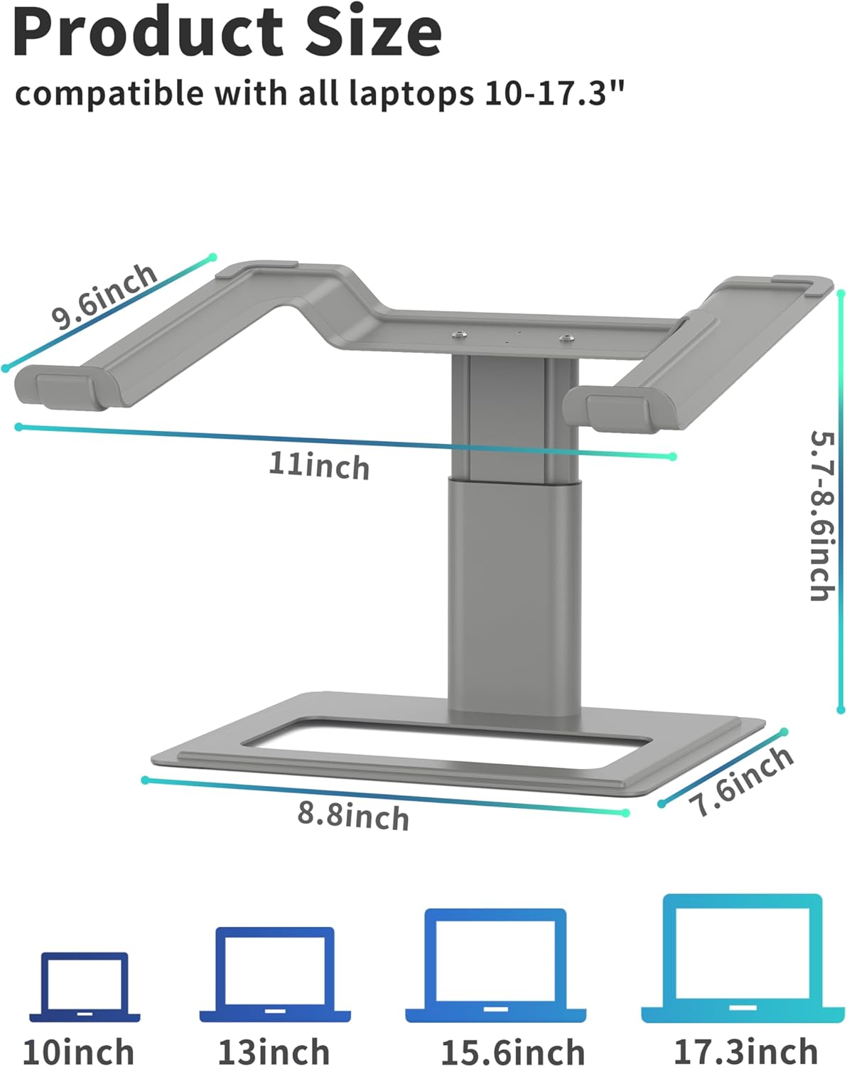 SOUNDANCE Adjustable Laptop Stand for Desk, Computer Stand, Ergonomic Laptop Riser Holder Compatible with 10 to 17.3 Inches Notebook PC Computer, Aluminum Grey