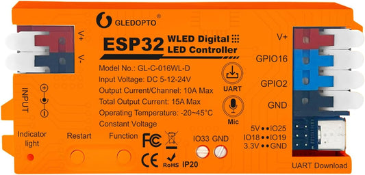 ESP32 WLED LED Strip Light Controller 15A Fuse Mic DIY Dynamic Lighting UART USB-C Download Energy Saving Relay App Control for RGB IC Addressable Digital WS2811 WS2812 SK6812 TM1814 WS2813 WS2815