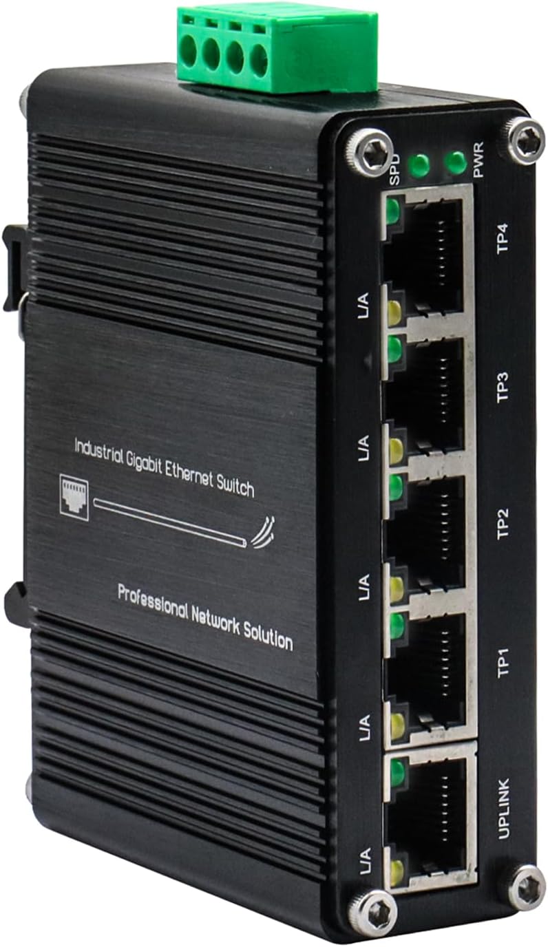 Mini 5-Port Gigabit Ethernet Switch -Industrial Grade Unmanaged Network Switch with 12-48VDC Power Input，Din-Rail or Wall Mount,Plug and Play (-40°F to 176°F) ,Fast Connection,Rugged Metal Case