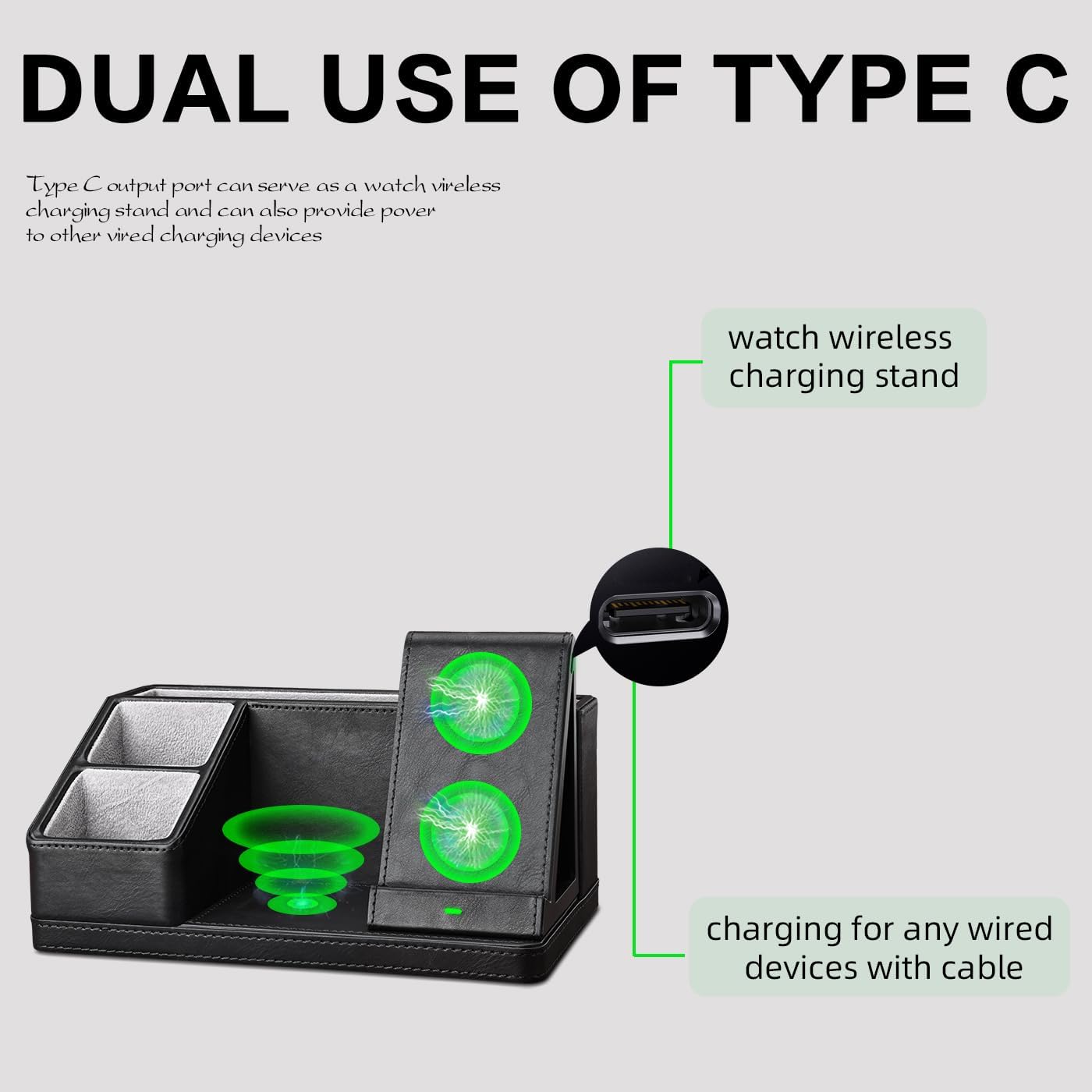 Black Leather Desk Organizer With Charging Station,Office Supplies Desk Accessories,Pen Holder for Desk,Remote Control Holder,Desk Organizer With Phone Charger,Nightstand Desktop Organizer