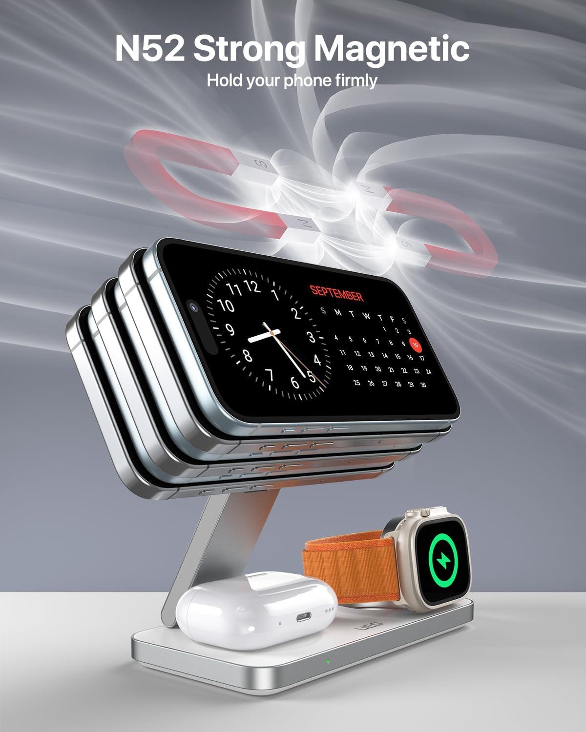 Foldable 3 in 1 Wireless Charging Station for Apple Compatible with Magsafe Charger Stand,Magnetic Wireless Charger Station for iPhone 16 15 14 13 12 Series,Airpods Pro,Apple Watch Ultra (White)