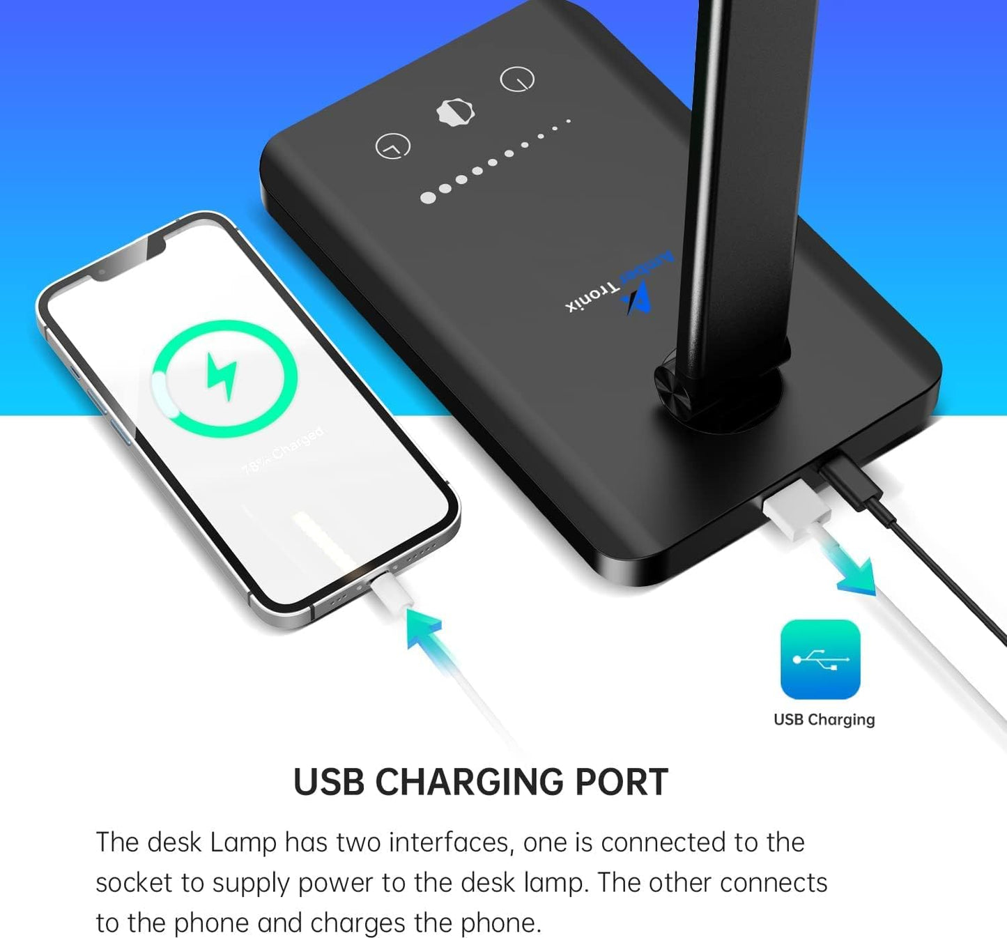 Ambertronix LED Desk Lamp with USB Charging Port, Dimmable Eye-Caring Reading Desk Light for Home, with 5 Brightness Level & 3 Lighting Modes, Touch Control, Auto Timer (Black)