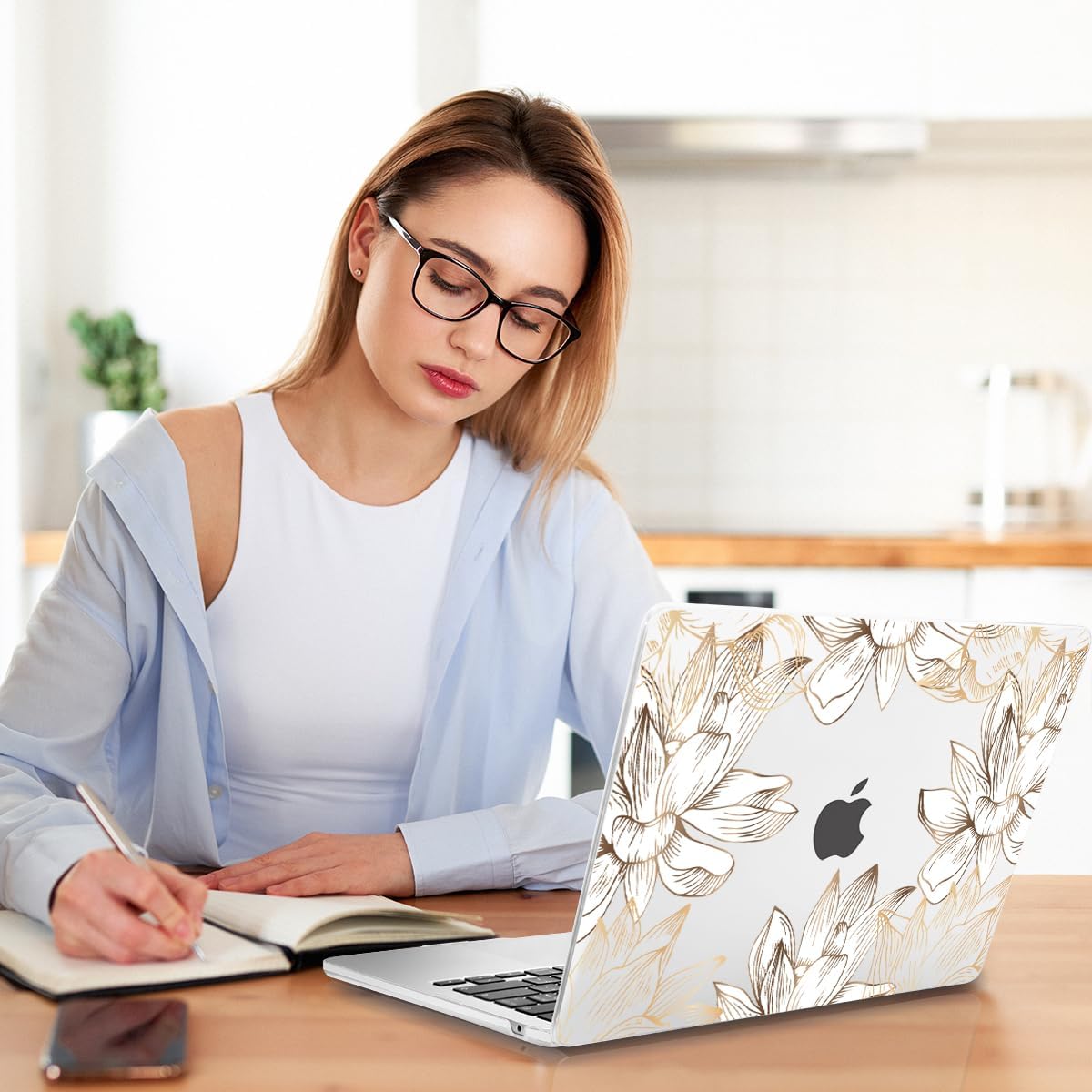 Teryeefi for MacBook Air 13 inch Case M1 2021 2020 2019 2018 Release (A2337 A2179 A1932 Retina Display with Touch ID), Plastic Hard Shell Case & Keyboard Cover & Screen Protector, W-Gold Flower Line