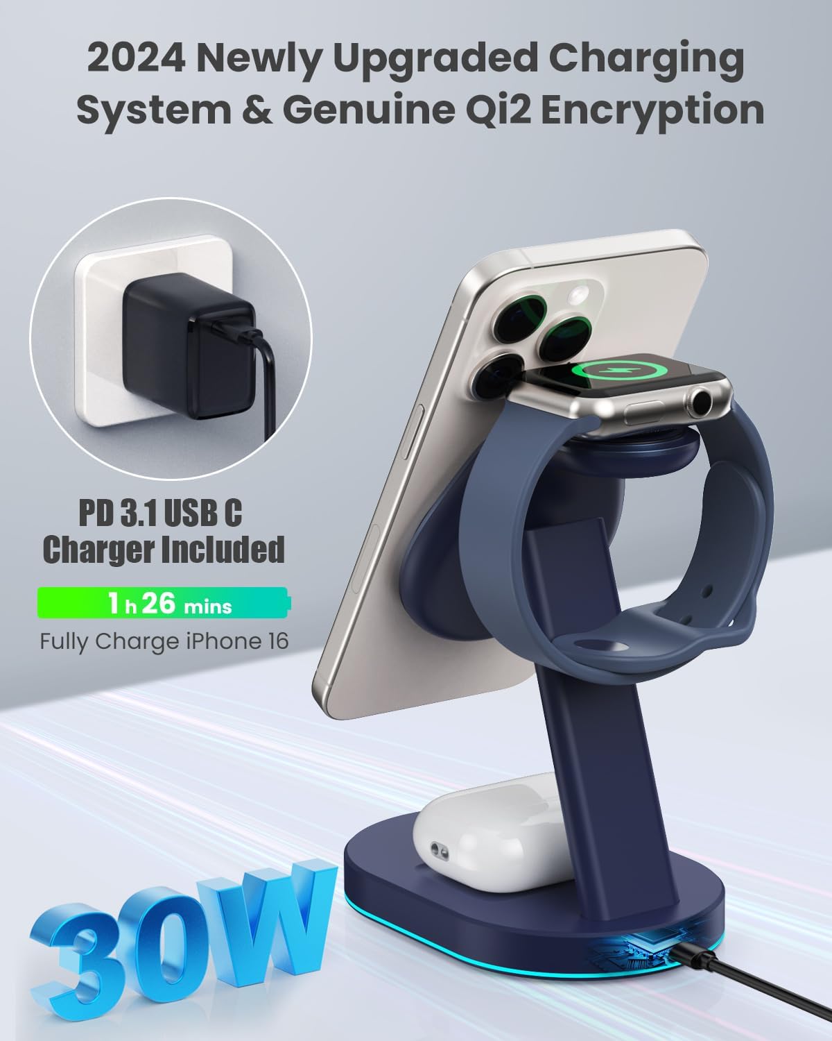 3 in 1 Wireless Charger Charging Station for iPhone,Qi2 Certified 15W Magnetic Charging Stand for Mag-Safe with 30W USB C Adapter&Friendly Night Light for iPhone 16/15/14/13/12,Apple Watch,AirPods
