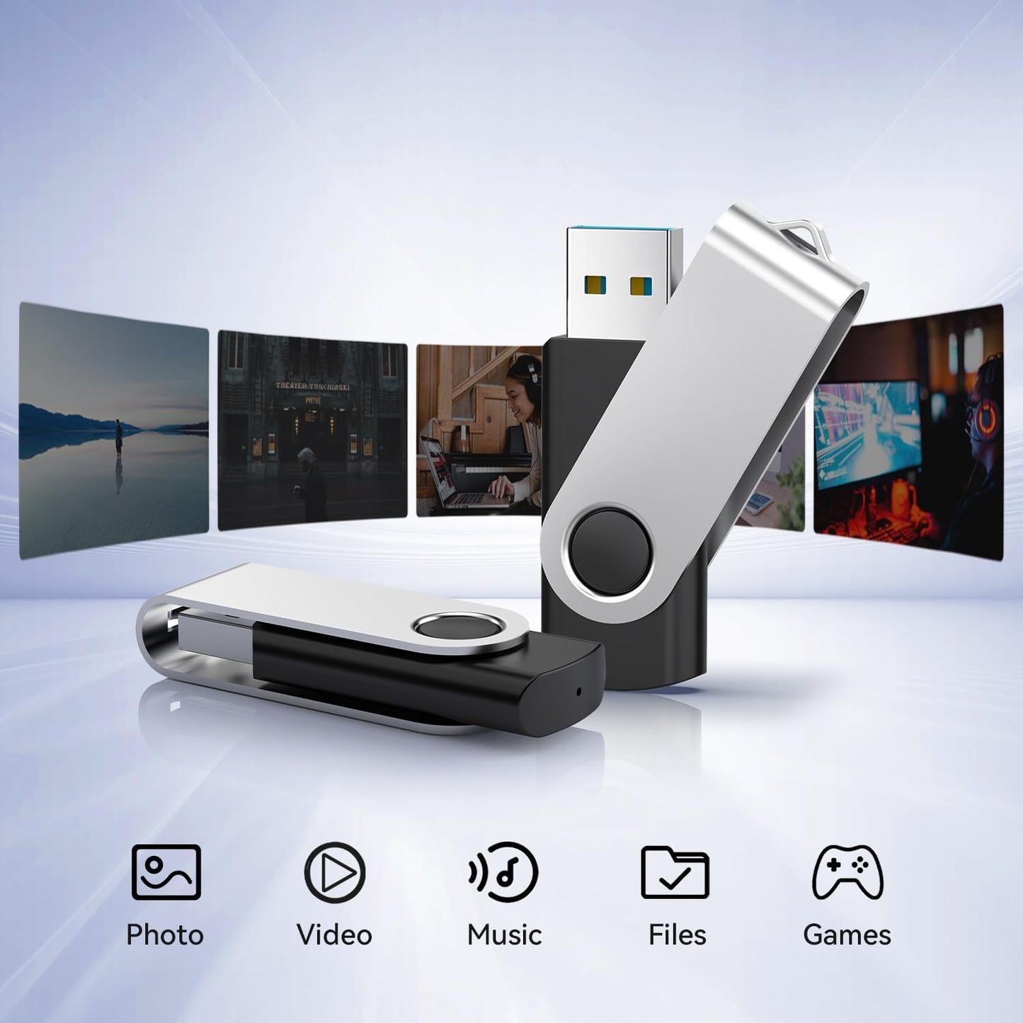 JUANWE 64GB USB Flash Drives 5 Packs, USB 2.0Thumb Drives Foldable 360°Swivel Memory USB Stick with Lanyard Hole, Jump Drive Pen Drive Zip Drive Portable Flashdrive for PC, Mutipack Black