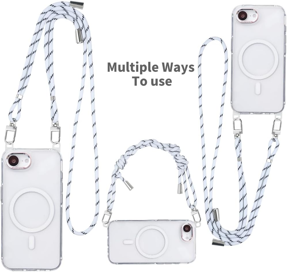 for iPhone 16e Case with Adjustable Phone Lanyard Strap, Compatible with MagSafe, Shockproof Military-Grade Protection, Magnetic Phone Case, Classic Clear White Hybrid Case, Yellowing Resistant