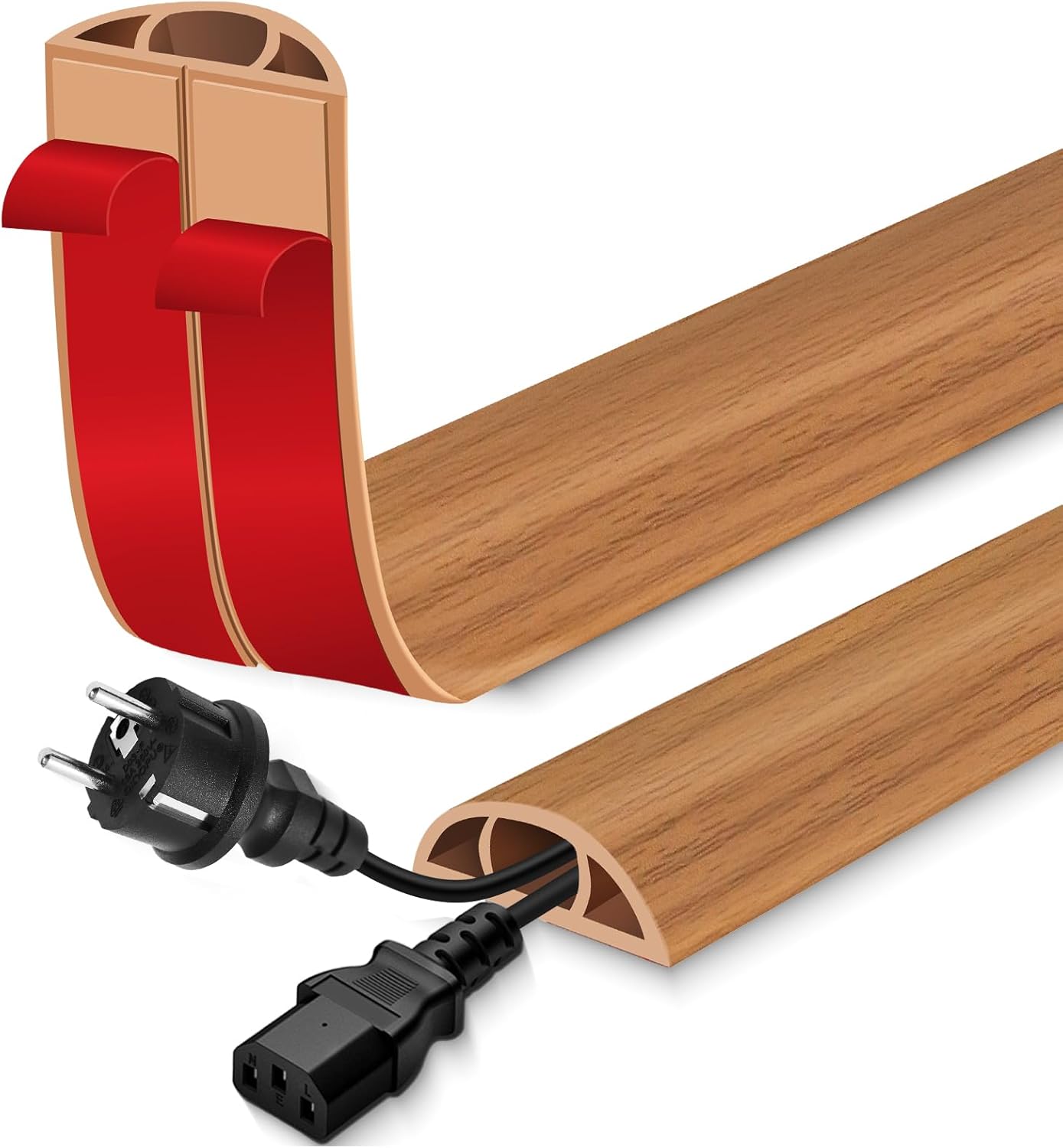 Floor Cord Cover for Wires on Floor Self Adhesive Cord Hider Floor Cable Management Wire Covers for Cords Protector Prevent Cable Trips Cord Cavity W 0.51" x H 0.31", Brown Wood, 20Ft