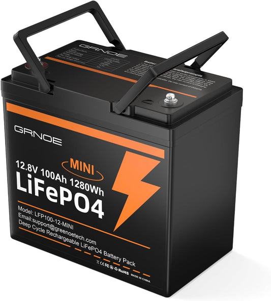 12V 100Ah Mini LiFePO4 Lithium Battery,15000+ Deep Cycles 1280Wh LiFePO4 Battery for RV, Marine/Trolling Motors, Solar System,Camping,Lawn Mowers,Home Backup Power,(100A Smart BMS)