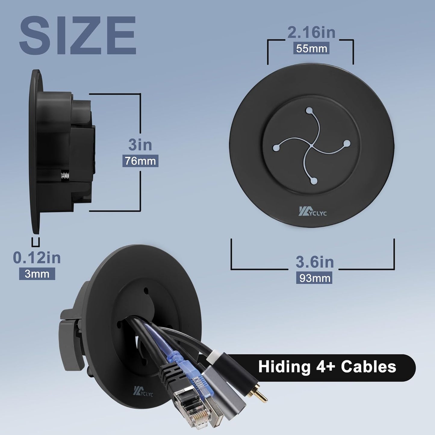 3in TV Cable Hider Wall Kit, YCLYC Large TV Cord Hider for Wall Mounted TV, TV Cord Covers for Wires on Wall Kit, Behind in Wall Cable Management Kit, Black TV Wire Hider for Wall (2Pack)