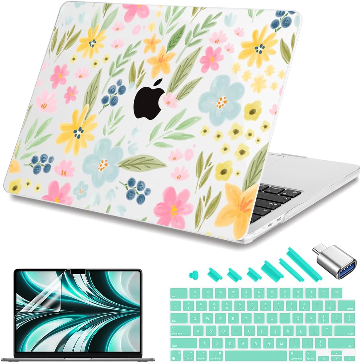 Teryeefi for MacBook Air 13.6 inch Case M4 A3240/M3 A3113/M2 A2681 (Released 2025 to 2022), Hard Shell + Keyboard Cover+ Screen Protector+Dustplug + Type-C Adapter, Cute Flowers A009