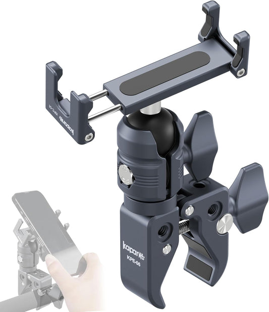 Riding Phone Clip Kit, Dual Knob Single Socket Arm and Aluminium Handlebar Base Mount Strong Rod Clamp, Suitable for Installation in 0.55-1.77” Diameter Steel Round Bar (KPS-07)