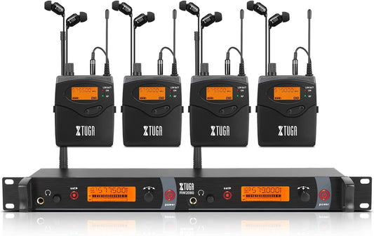 XTUGA RW2080 Wireless in Ear Monitor System 4 Bodypacks UHF IEM System, Dual Channel Mono Design Stage Monitors Earphone with 40 Frequencies, 300Ft for Band, Studio or Musicians, 902-928mhz