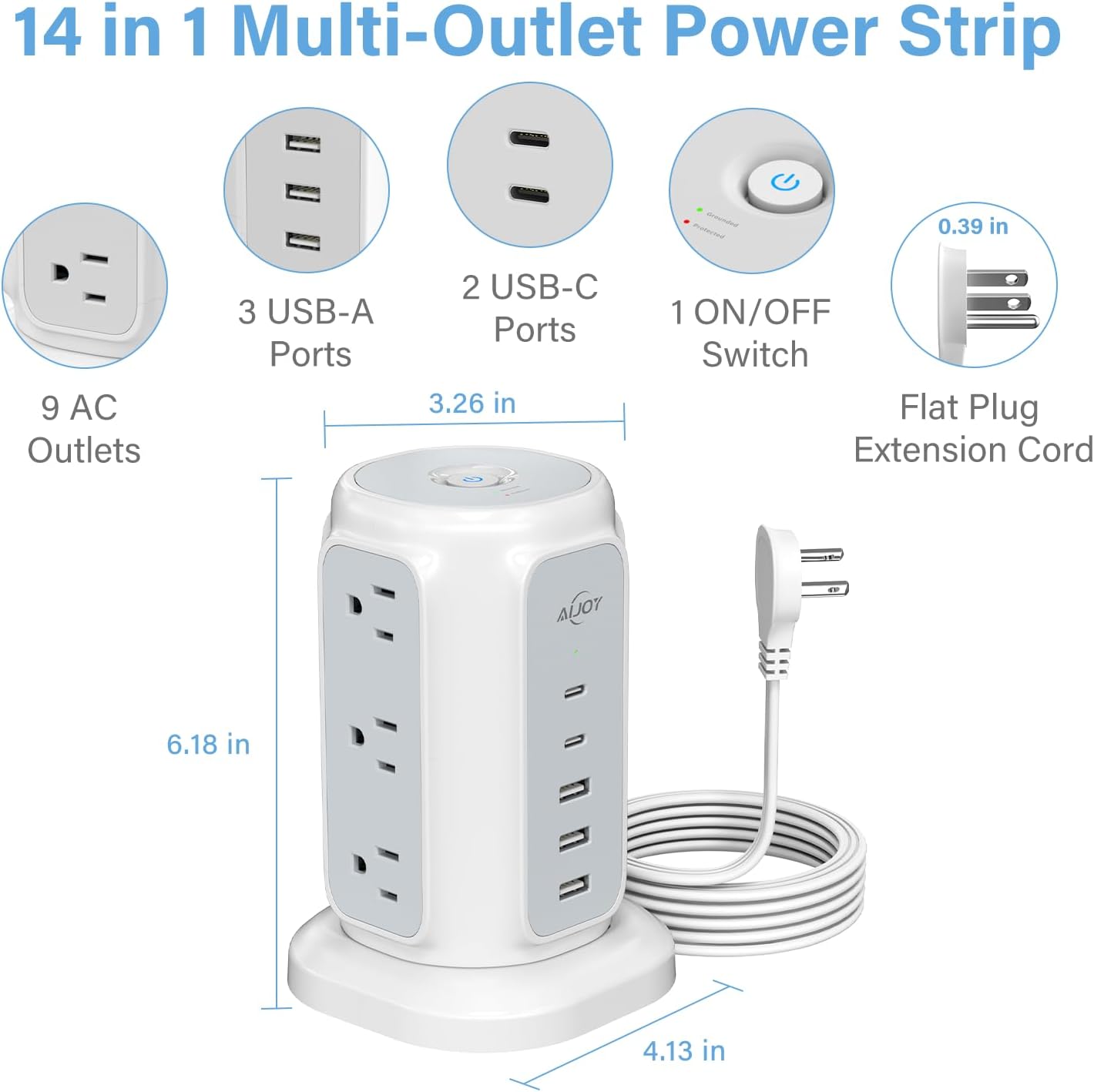 AiJoy Flat Plug Power Strip Tower with 9 Outlets and 5 USB Ports (2 USB-C), 1200J Surge Protection, 1625W Extension Cord with Multiple Outlets Charging Station for Home Dorm Office Supplies