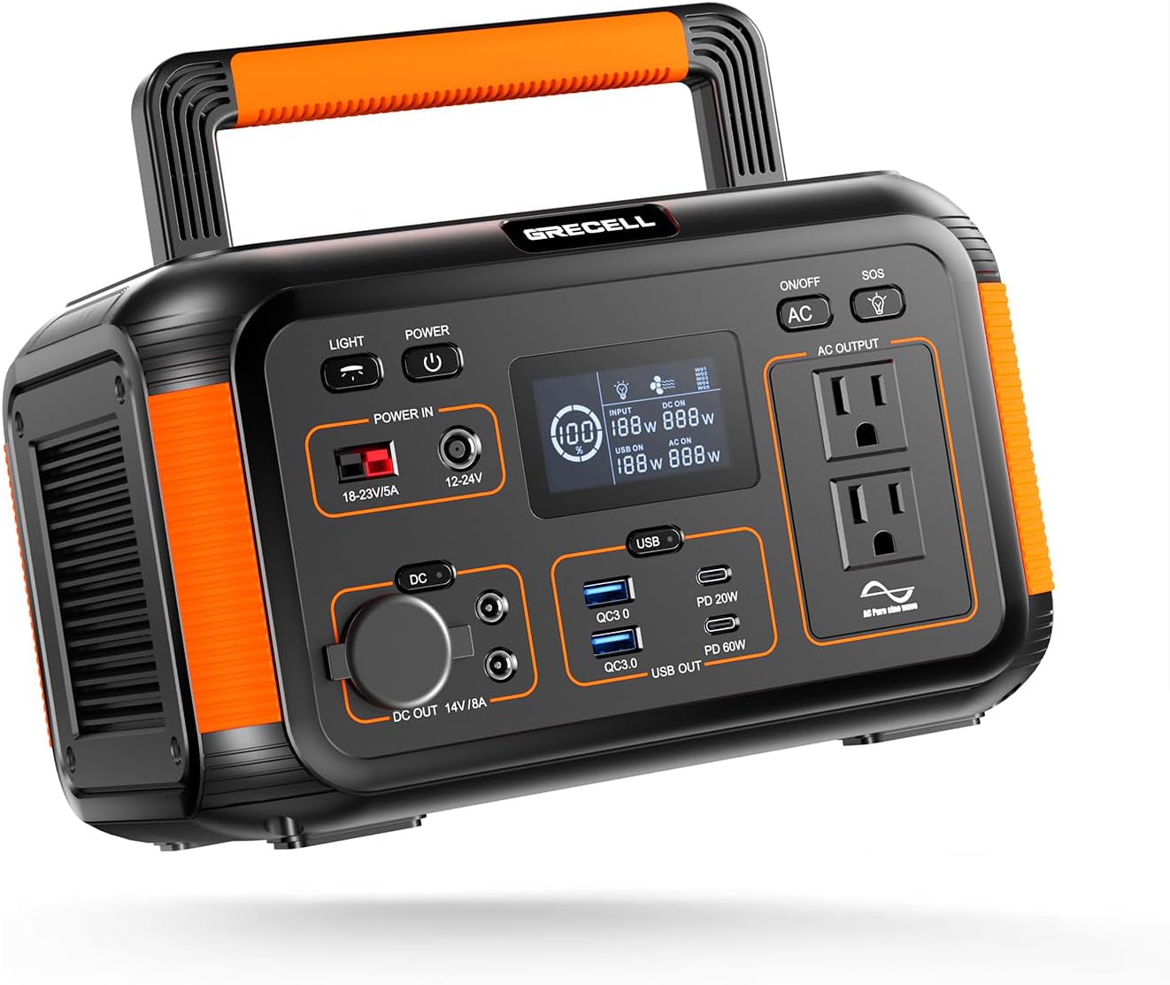 GRECELL 500W Portable Power Station 444Wh Solar Generator with 110V Pure Sine Wave AC Outlet/PD60W, 1000W Peak power station for Camping Trip RV Outdoor Home Emergency Backup & Solar Powered