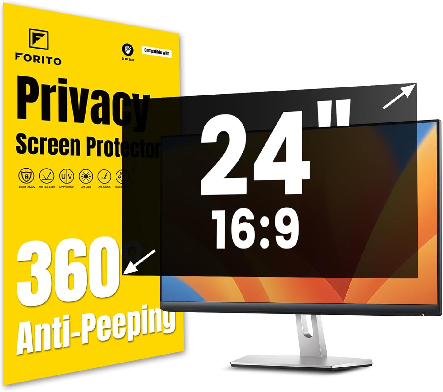 F FORITO 24 Inch 16:9 360°Privacy Screen Protector for Computer Monitor, Removable Eye Protection Anti Blue Light Anti Glare Computer Screen Privacy Shield for All 24" Widescreen Monitors