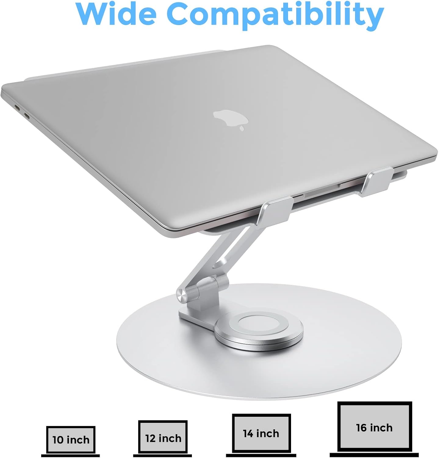 Swivel Laptop Stand for Desk, Adjustable Height Aluminum Computer Stand with 360 Rotating Base, Foldable Ergonomic Riser, Portable Laptop Holder Compatible with MacBook, All Laptops 10-17'', Chrome