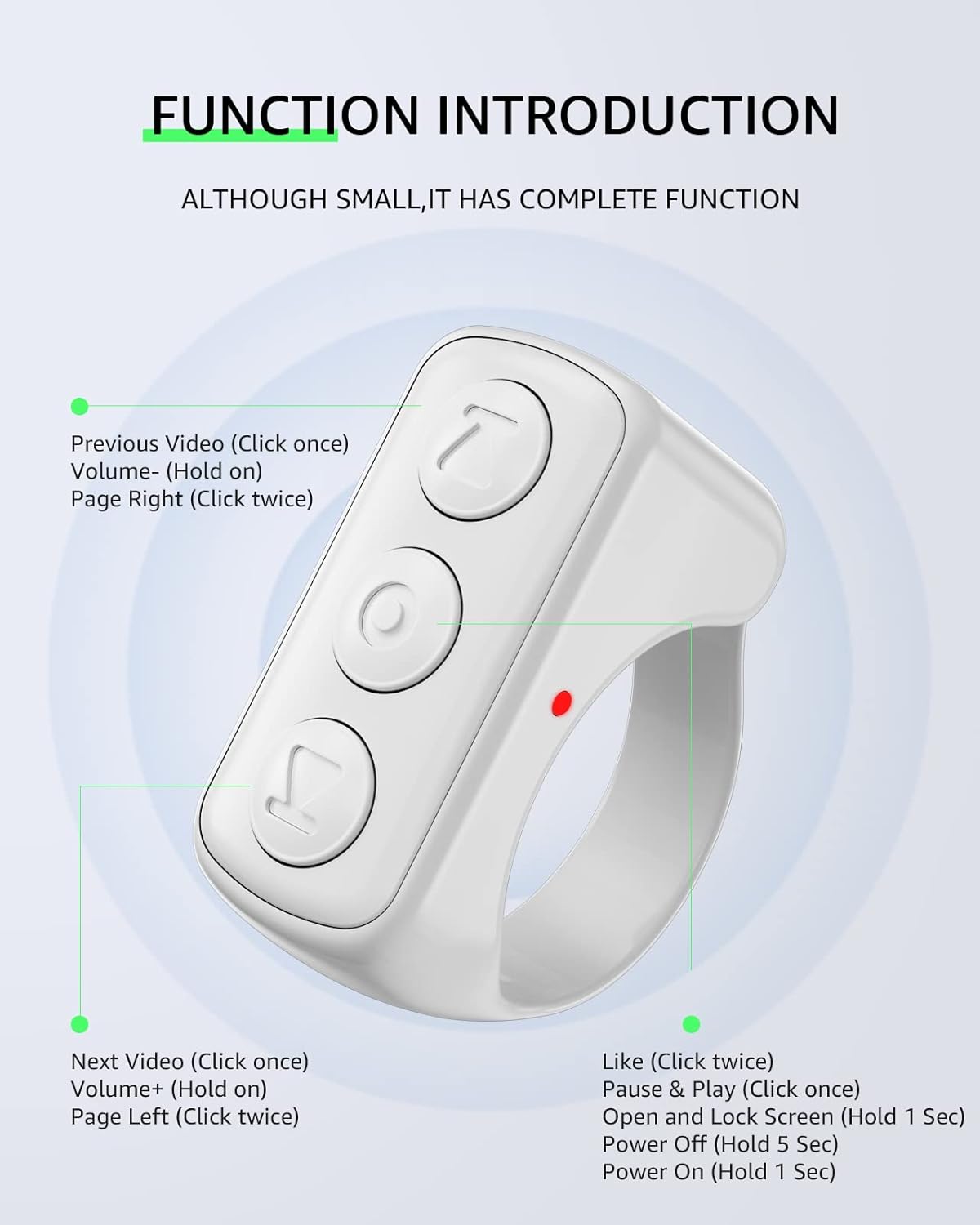 Fingertip Bluetooth Remote Control TIK TOK Wireless Page Turner TYUOBOX Camera Remote Shutter Selfie Button Controller with Charging Case for iPhone Android Ipad Cell Phone (White)