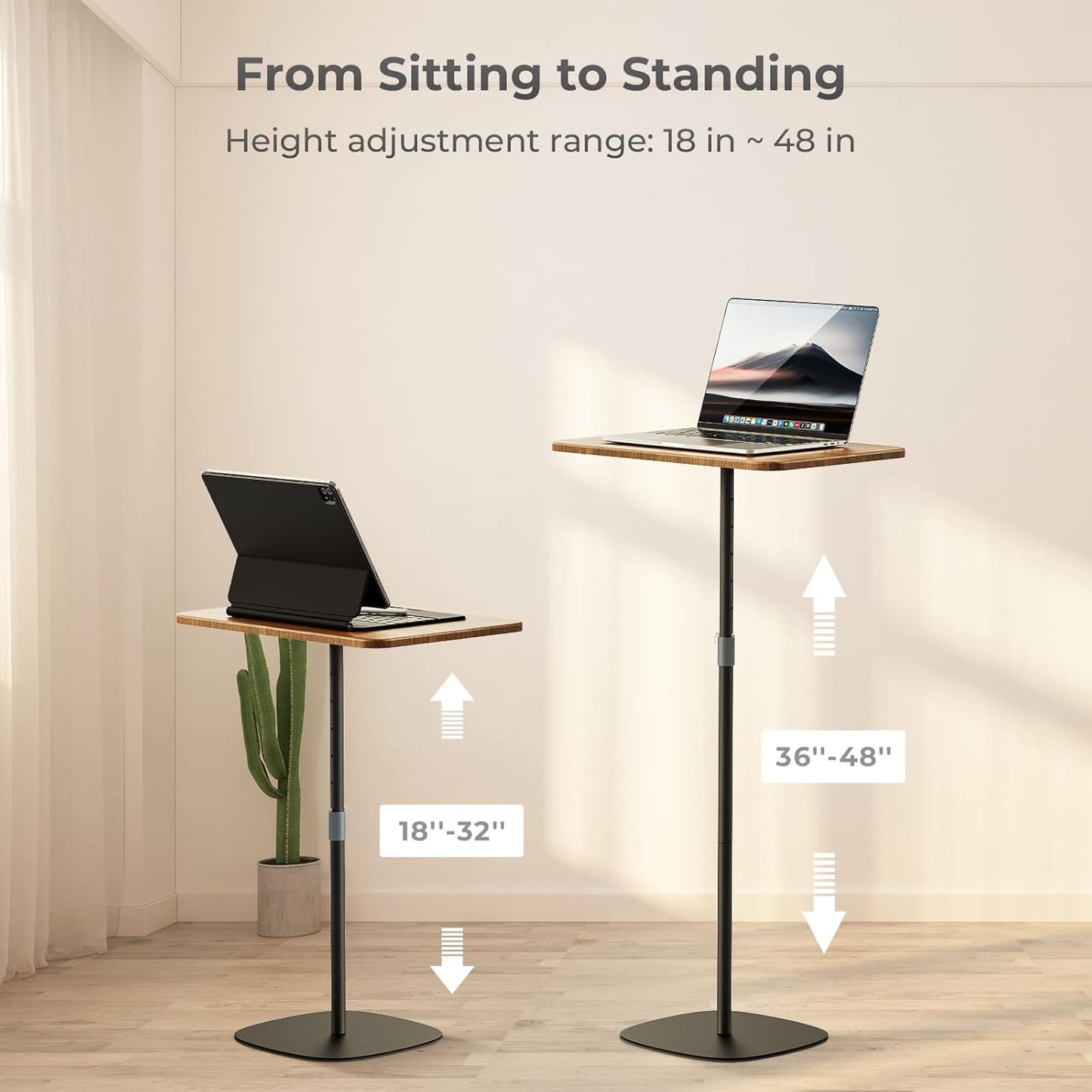 Portable Laptop Floor Stand, Bedside/Sofa Table with Height Adjustable 18''~48'', Sleek Wooden Lectern Standing Desk Mobile Podium for Home, Office, School, Black